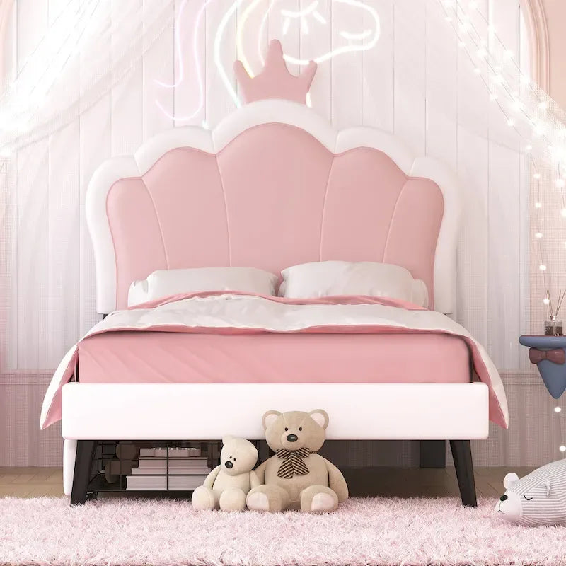 Upholstered Princess Bed with Crown Headboard & Drawers
