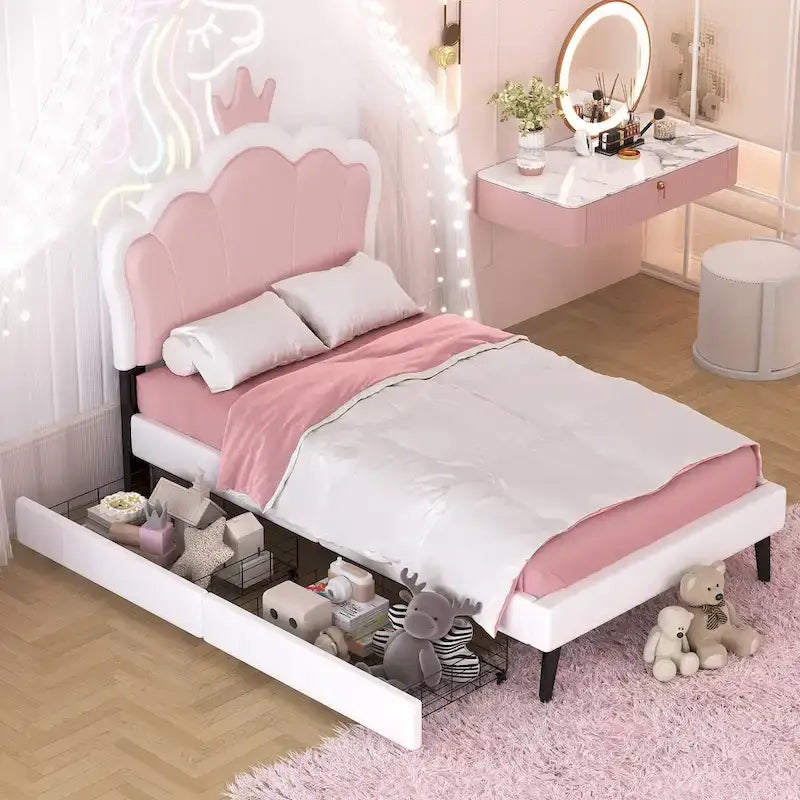 Lit de princesse rembourré avec tête de lit couronnée et tiroirs