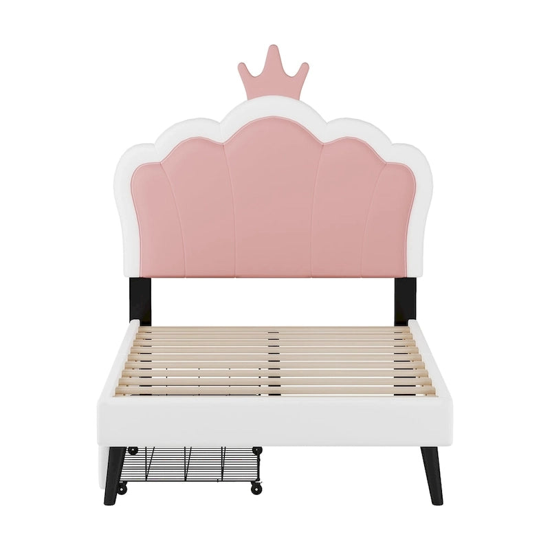 Lit de princesse rembourré avec tête de lit couronnée et tiroirs