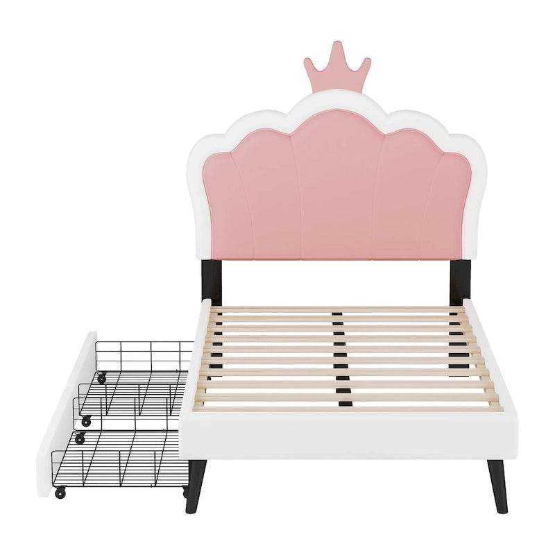Cama tapizada de princesa con cabecero con corona y cajones