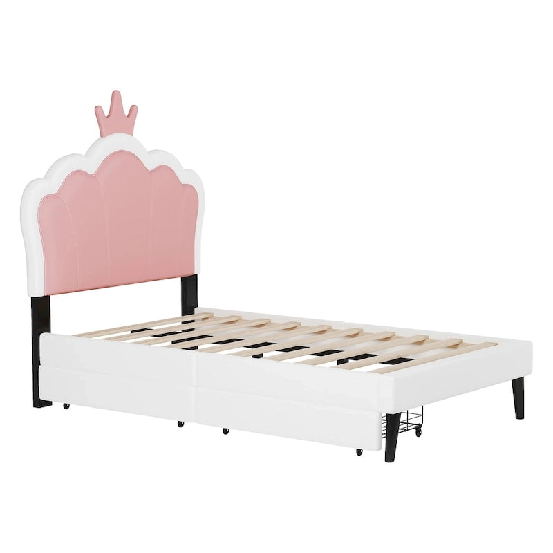 Cama tapizada de princesa con cabecero con corona y cajones