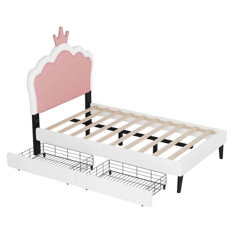 Cama tapizada de princesa con cabecero con corona y cajones