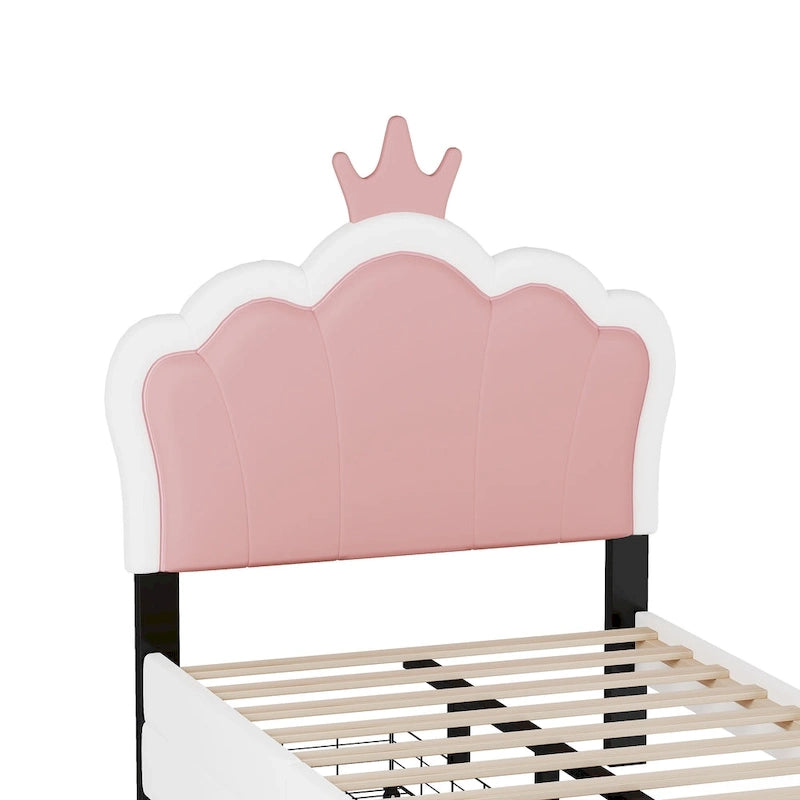 Cama tapizada de princesa con cabecero con corona y cajones