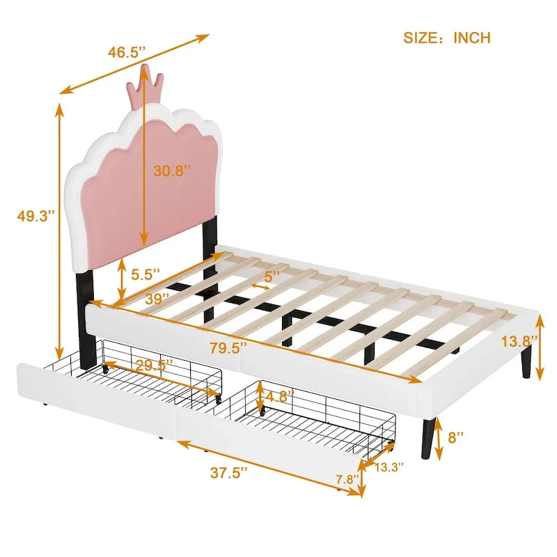 Cama tapizada de princesa con cabecero con corona y cajones