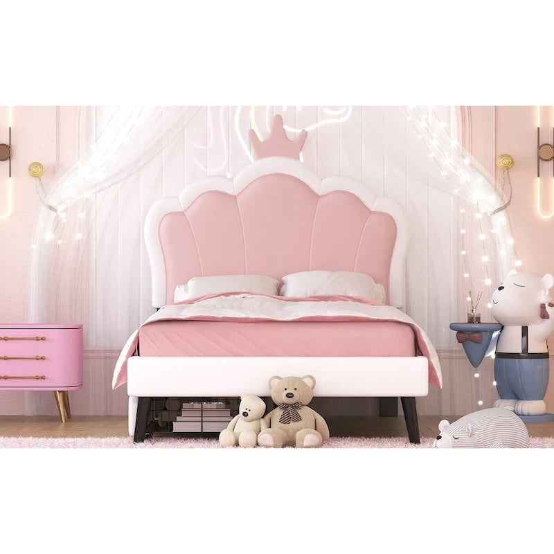 Cama tapizada de princesa con cabecero con corona y cajones