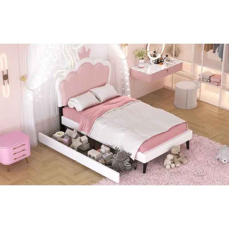 Cama tapizada de princesa con cabecero con corona y cajones