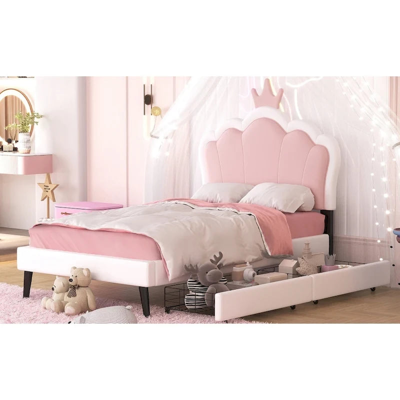Cama tapizada de princesa con cabecero con corona y cajones