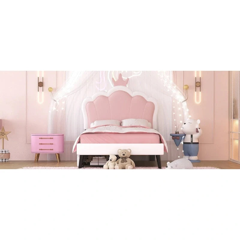 Cama tapizada de princesa con cabecero con corona y cajones