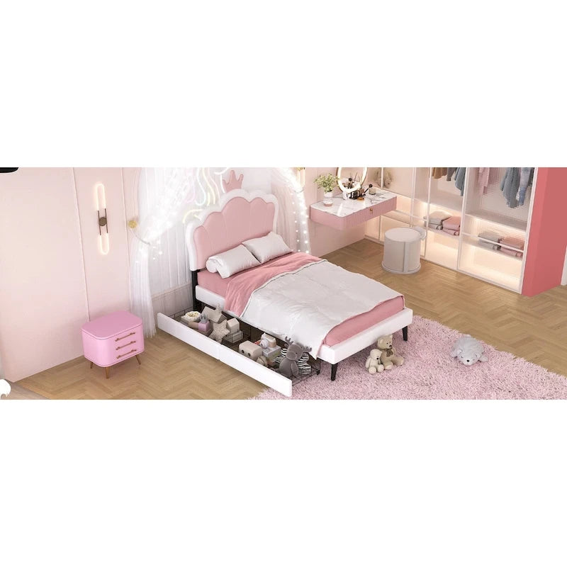 Cama tapizada de princesa con cabecero con corona y cajones