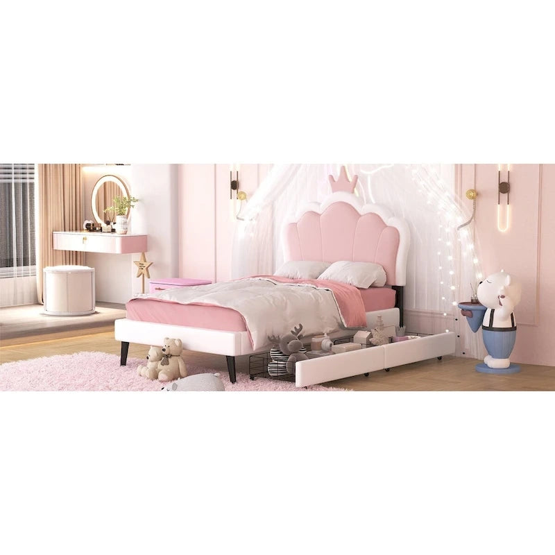 Cama tapizada de princesa con cabecero con corona y cajones