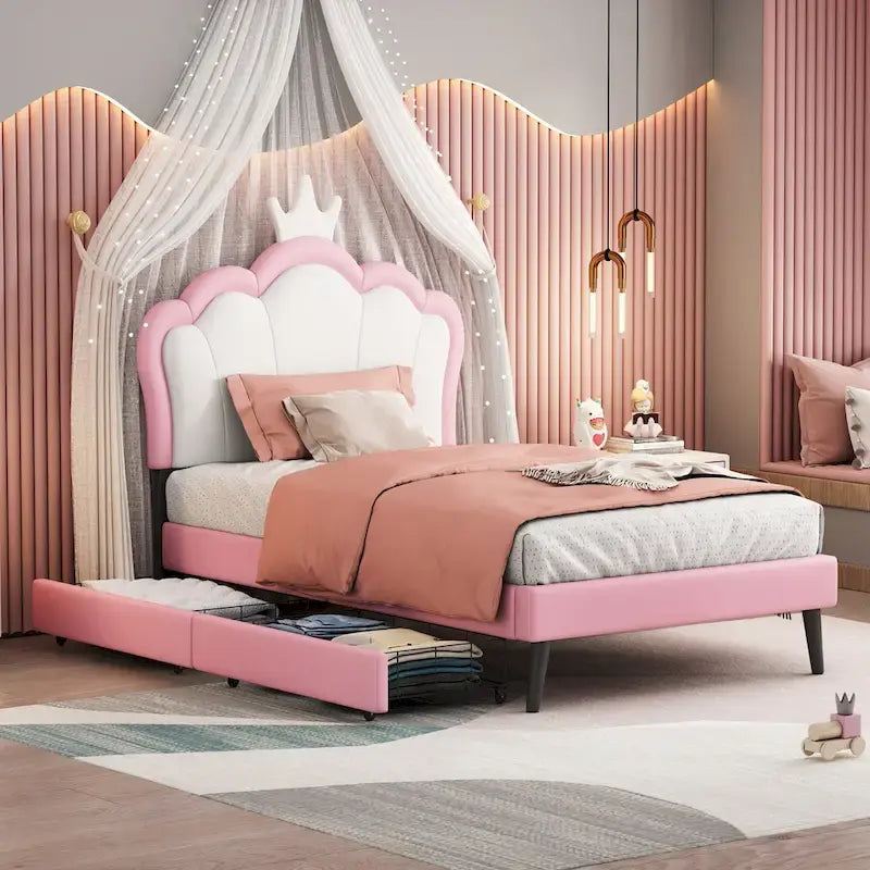 Cama tapizada de princesa con cabecero con corona y cajones