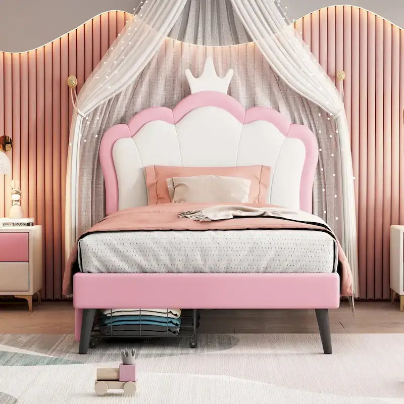 Cama tapizada de princesa con cabecero con corona y cajones