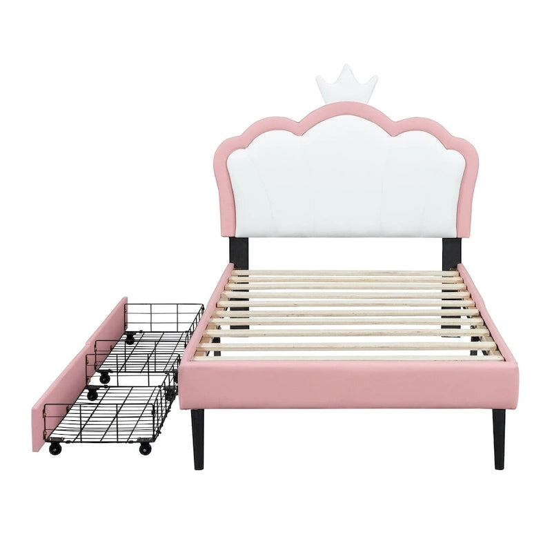 Cama tapizada de princesa con cabecero con corona y cajones