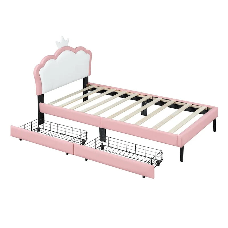 Cama tapizada de princesa con cabecero con corona y cajones