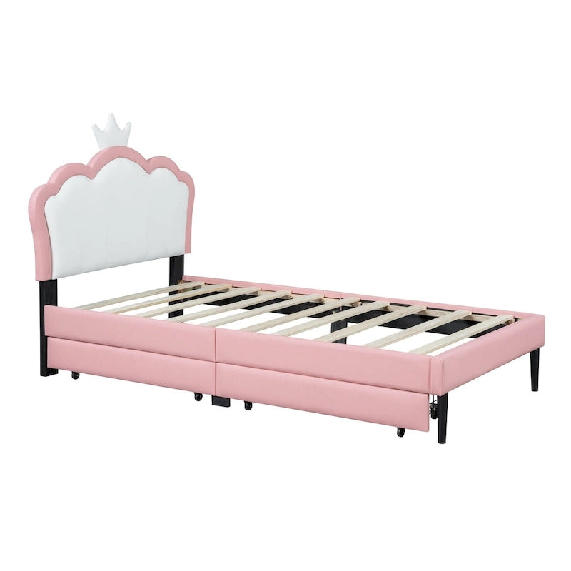 Cama tapizada de princesa con cabecero con corona y cajones