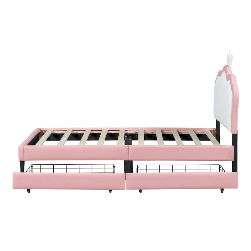 Cama tapizada de princesa con cabecero con corona y cajones