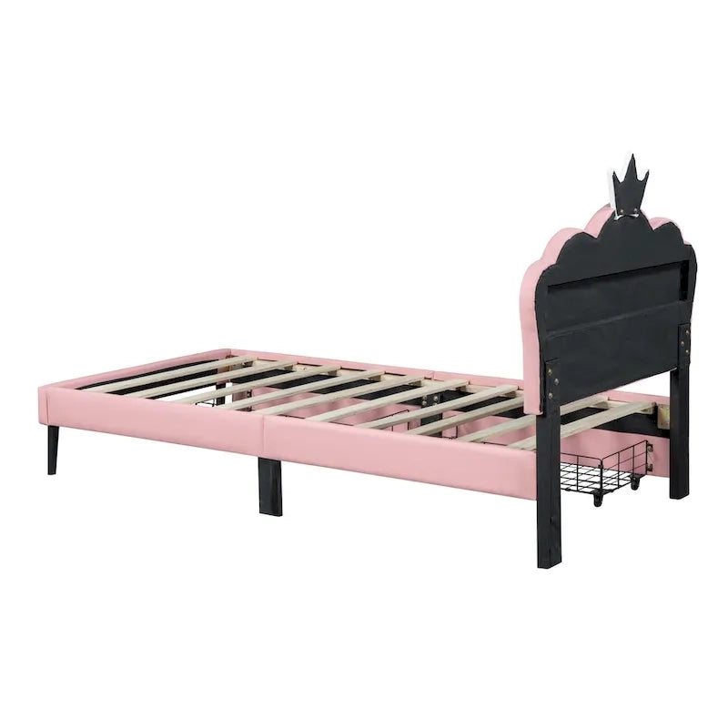 Cama tapizada de princesa con cabecero con corona y cajones