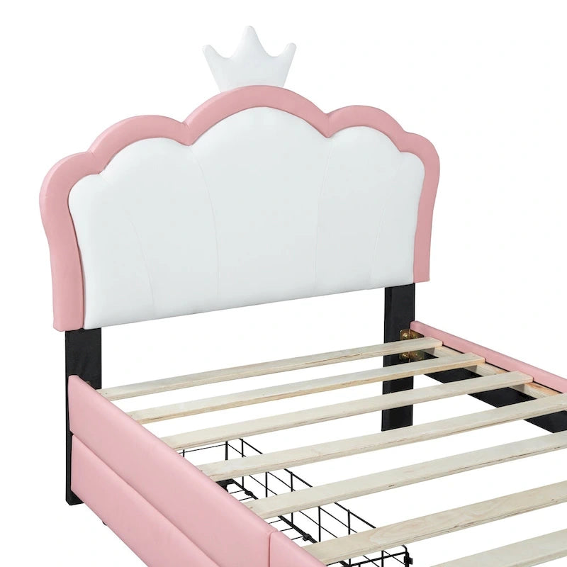 Cama tapizada de princesa con cabecero con corona y cajones