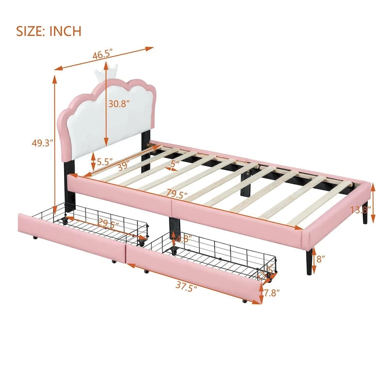 Cama tapizada de princesa con cabecero con corona y cajones