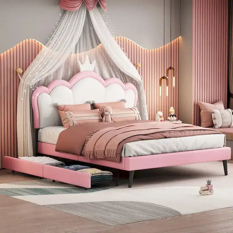 Cama tapizada de princesa con cabecero con corona y cajones