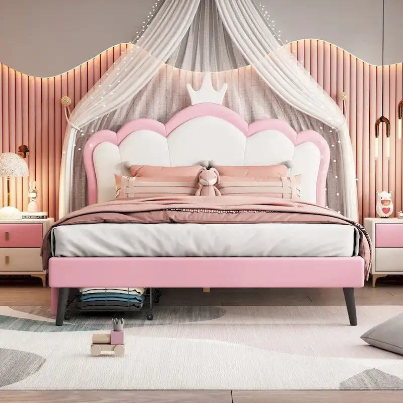 Cama tapizada de princesa con cabecero con corona y cajones
