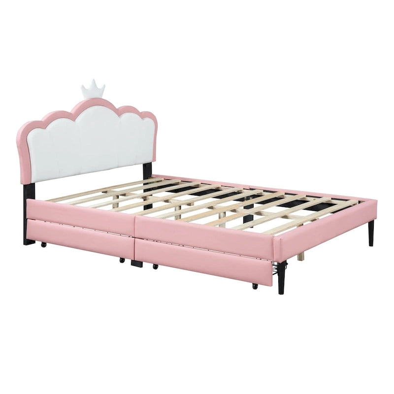 Cama tapizada de princesa con cabecero con corona y cajones