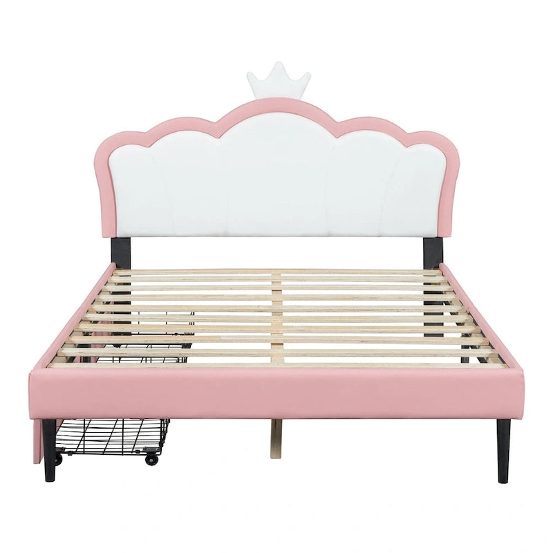 Cama tapizada de princesa con cabecero con corona y cajones