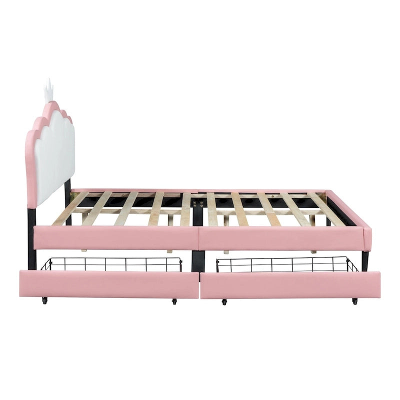 Cama tapizada de princesa con cabecero con corona y cajones