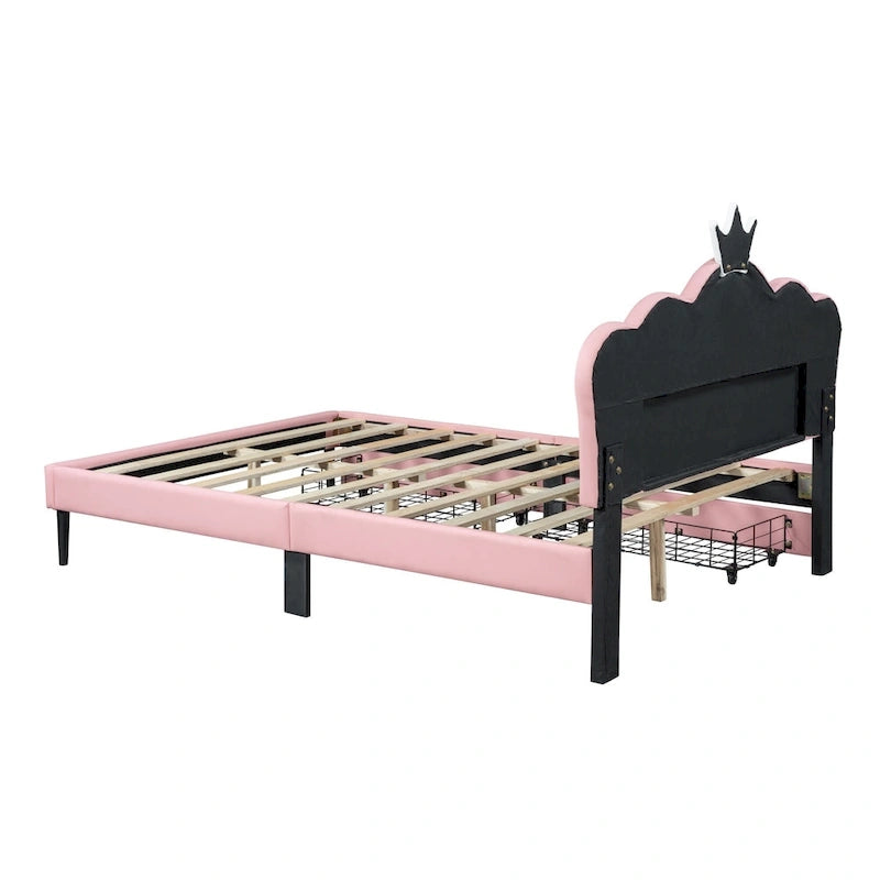 Cama tapizada de princesa con cabecero con corona y cajones