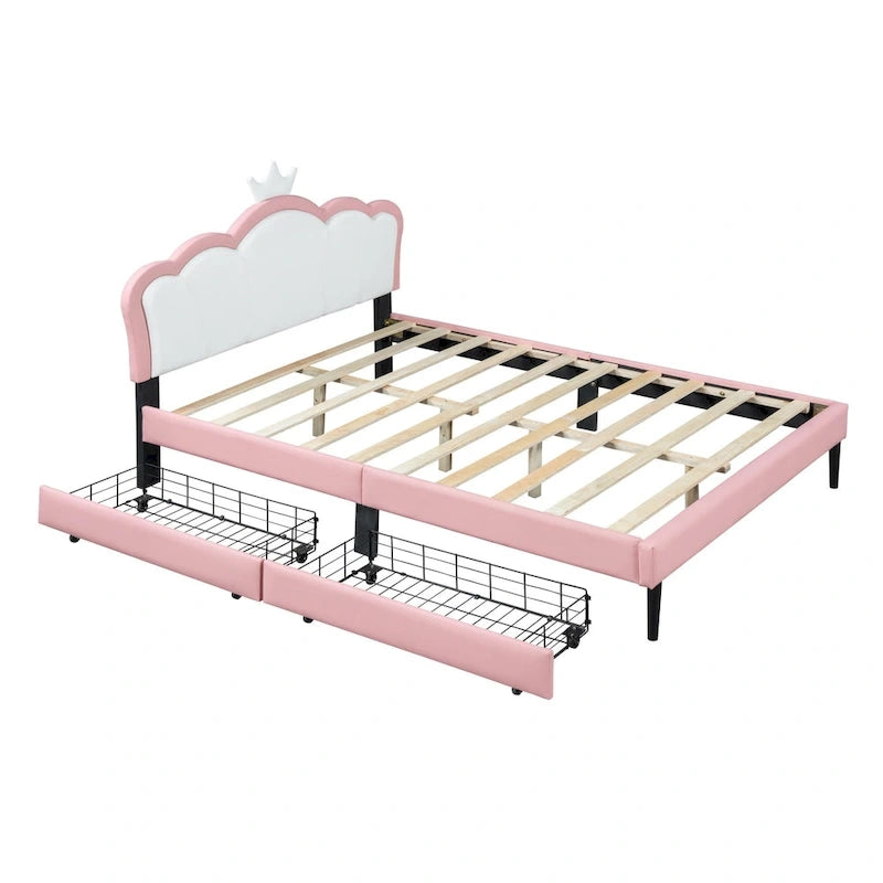 Cama tapizada de princesa con cabecero con corona y cajones