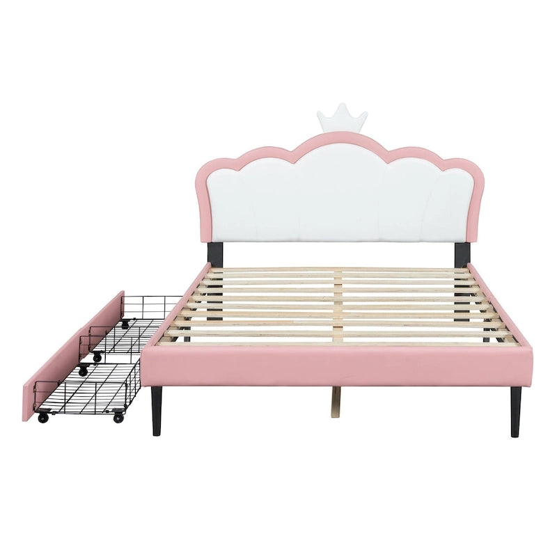 Cama tapizada de princesa con cabecero con corona y cajones