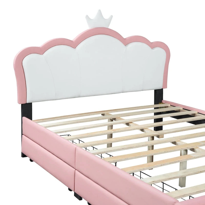Cama tapizada de princesa con cabecero con corona y cajones