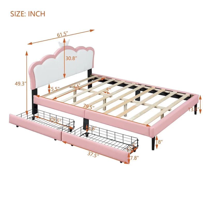 Cama tapizada de princesa con cabecero con corona y cajones