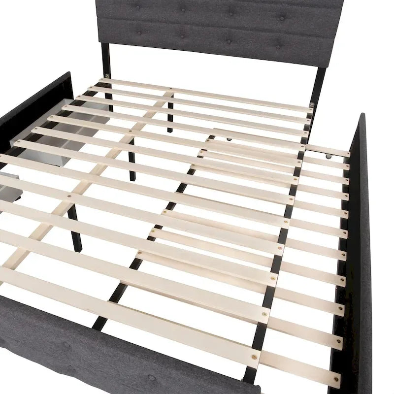 Cadre de lit plateforme en lin format Queen, capitonné avec boutons, avec 2 tiroirs de rangement et un lit gigogne
