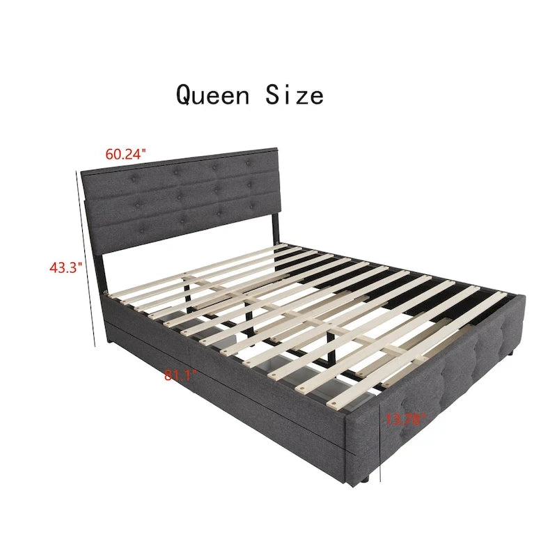 Cadre de lit plateforme en lin format Queen, capitonné avec boutons, avec 2 tiroirs de rangement et un lit gigogne