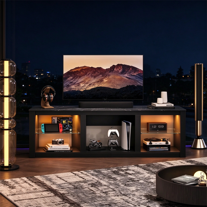 Mueble para TV de 70 pulgadas con estantes de vidrio templado y armario abierto - 71 in