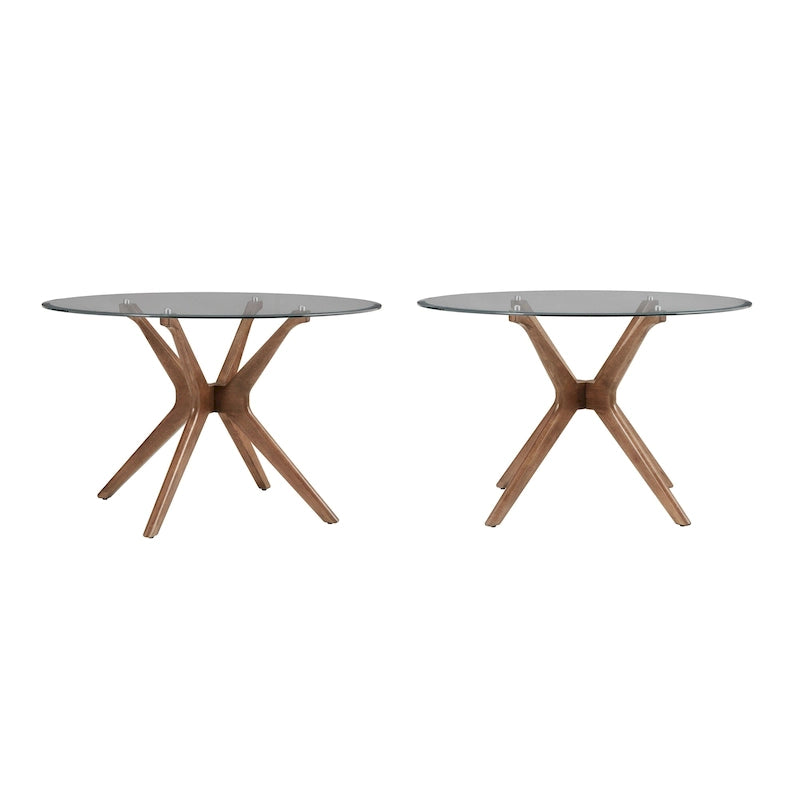 Mesa de comedor redonda de estilo moderno de mediados de siglo con acabado de nogal