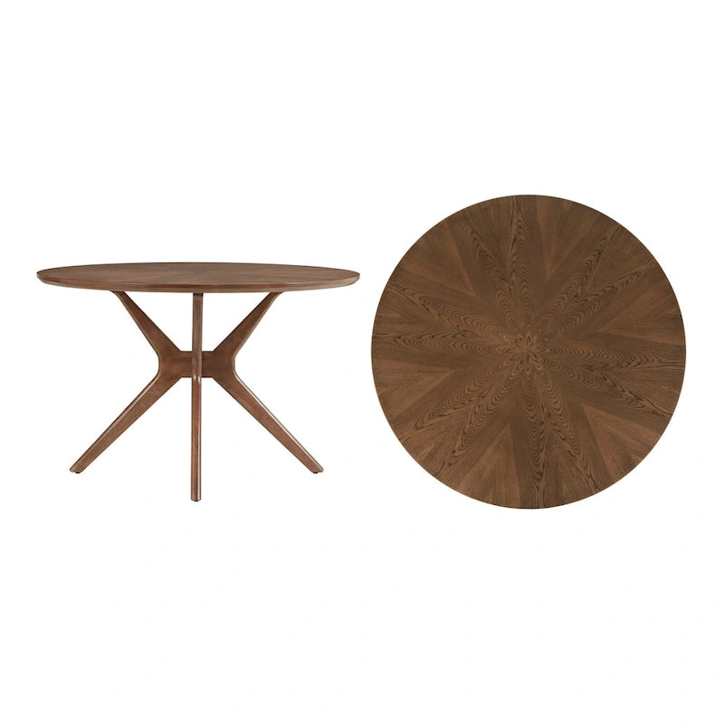 Mesa de comedor redonda de estilo moderno de mediados de siglo con acabado de nogal