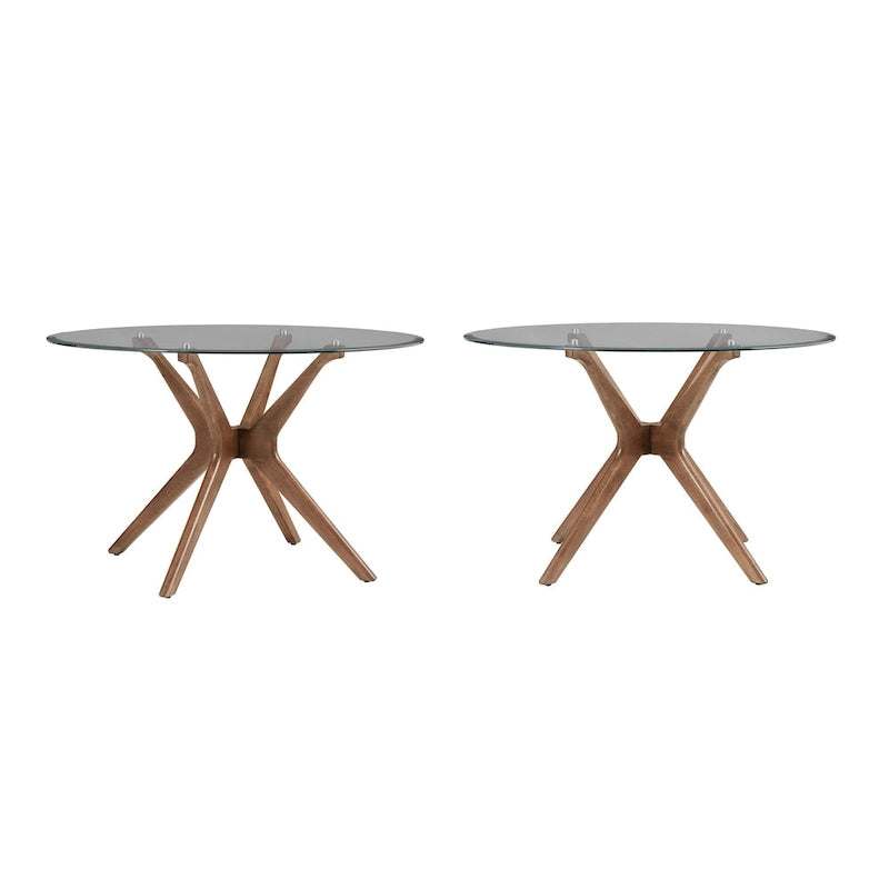 Mesa de comedor redonda de estilo moderno de mediados de siglo con acabado de nogal