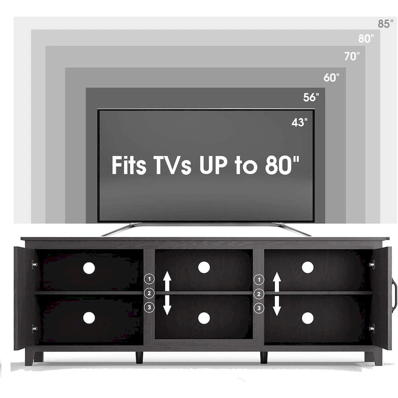 Meuble TV moderne de 70 pouces avec étagères, centre multimédia avec portes - noir - M