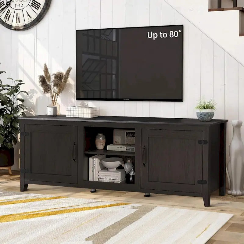 Meuble TV moderne de 70 pouces avec étagères, centre multimédia avec portes - noir - M