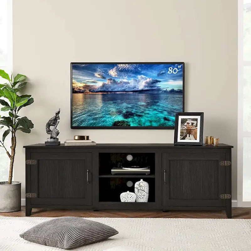 Meuble TV moderne de 70 pouces avec étagères, centre multimédia avec portes - noir - M