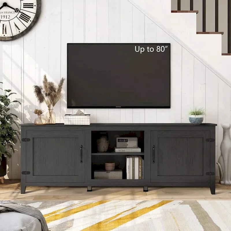 Meuble TV moderne de 70 pouces avec étagères, centre multimédia avec portes - noir - M