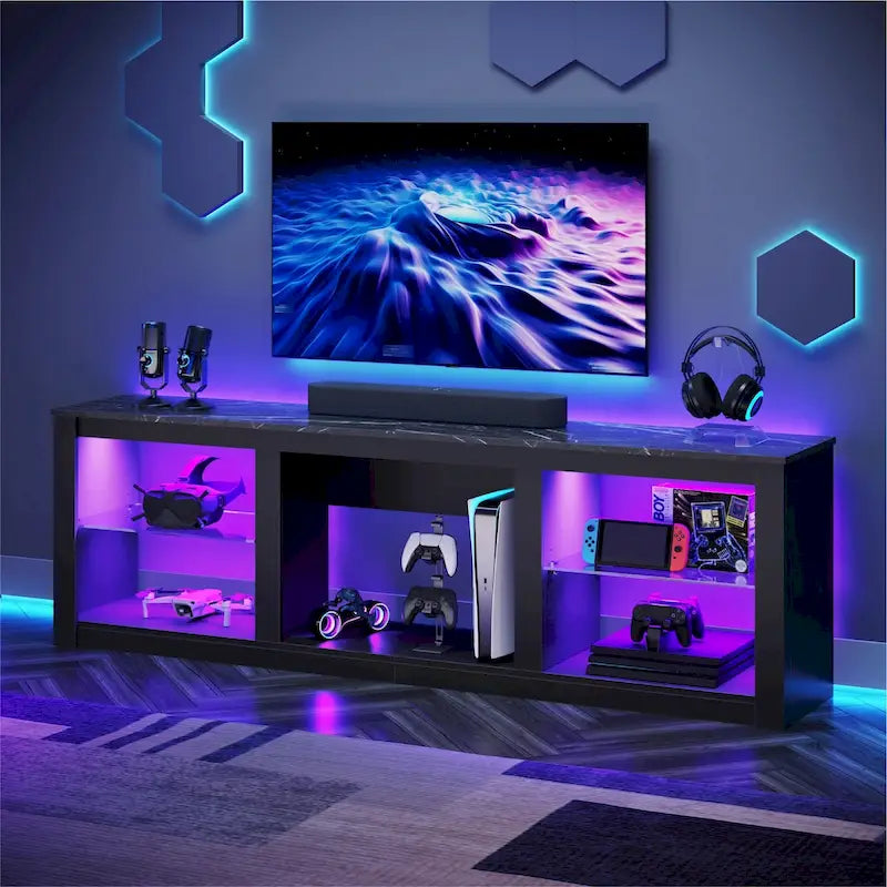 TV-Ständer für 70-Zoll-LED-Fernseher mit Ablagen aus gehärtetem Glas und offenem Schrank - 71 in