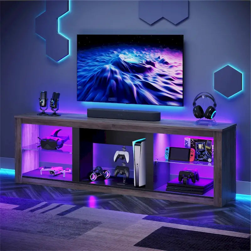TV-Ständer für 70-Zoll-LED-Fernseher mit Ablagen aus gehärtetem Glas und offenem Schrank - 71 in