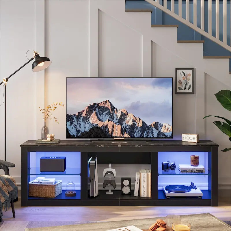 TV-Ständer für 70-Zoll-LED-Fernseher mit Ablagen aus gehärtetem Glas und offenem Schrank - 71 in