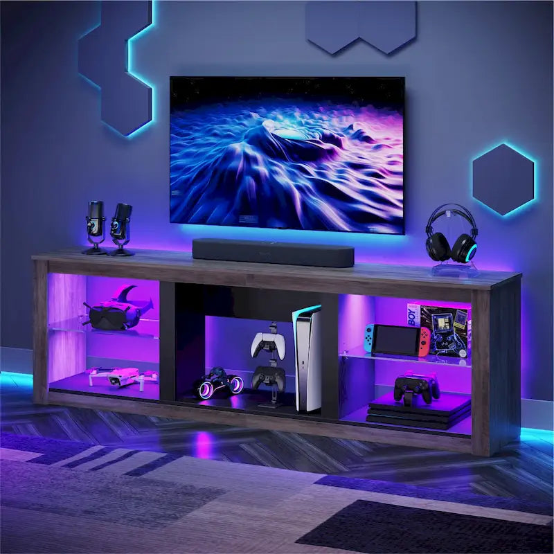 TV-Ständer für 70-Zoll-LED-Fernseher mit Ablagen aus gehärtetem Glas und offenem Schrank - 71 in