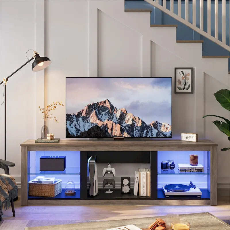 TV-Ständer für 70-Zoll-LED-Fernseher mit Ablagen aus gehärtetem Glas und offenem Schrank - 71 in