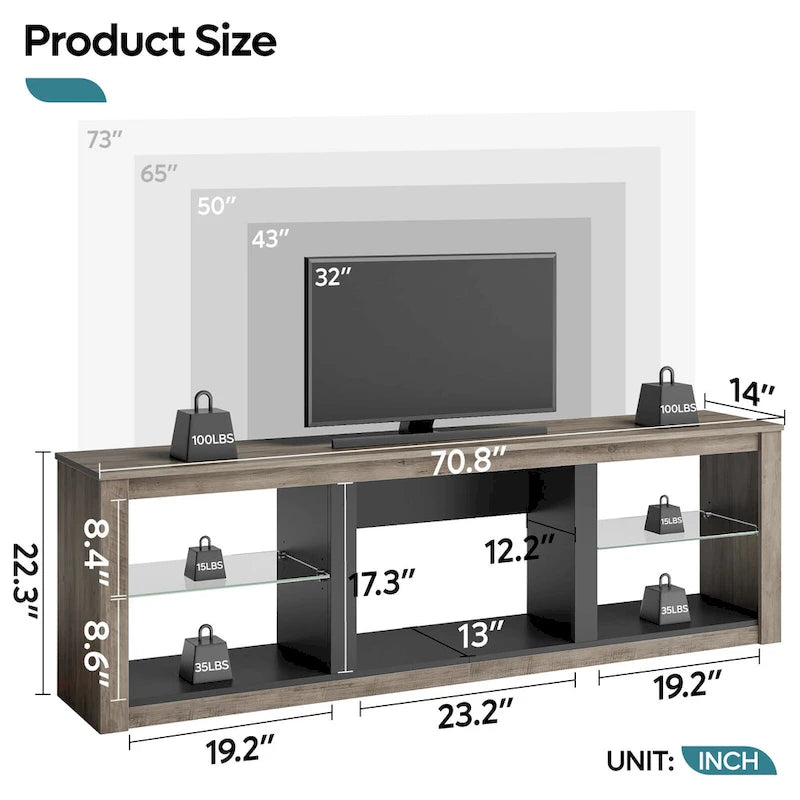 TV-Ständer für 70-Zoll-LED-Fernseher mit Ablagen aus gehärtetem Glas und offenem Schrank - 71 in