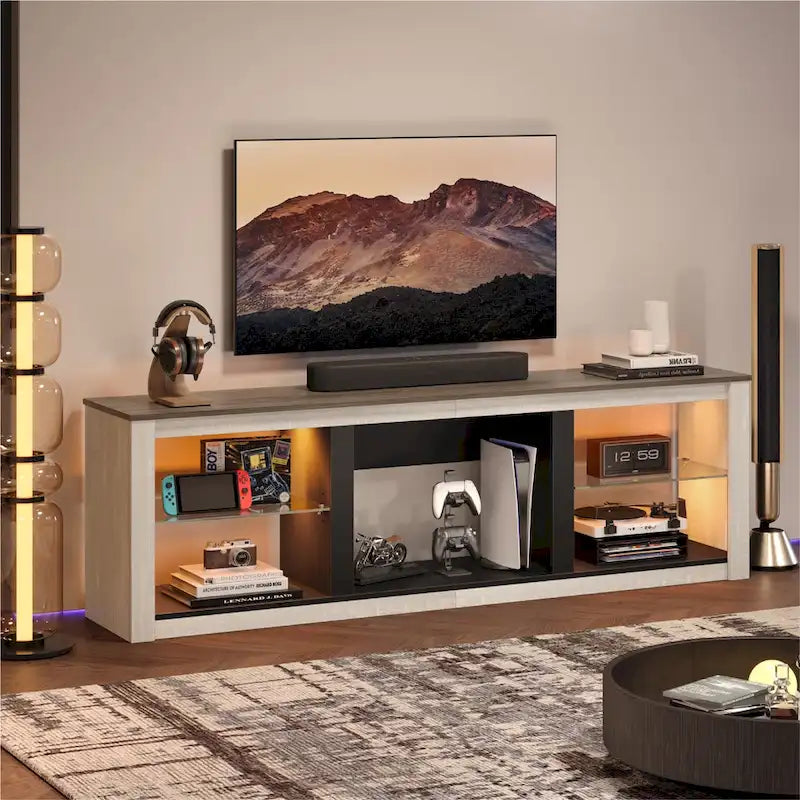 TV-Ständer für 70-Zoll-LED-Fernseher mit Ablagen aus gehärtetem Glas und offenem Schrank - 71 in